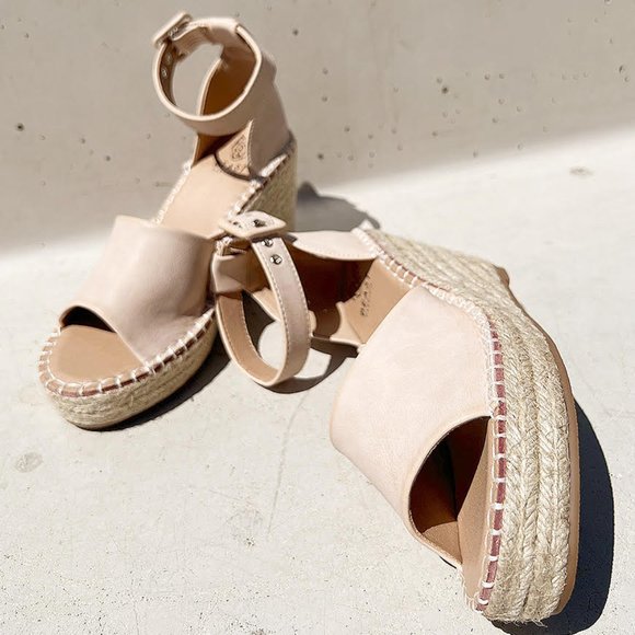 NEW Sand Nude Faux Leather Ankle Buckle Strap Espadrille Platform Wedge Sandals - Picture 10 of 13